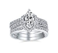 Cubic Zirconia Enhancer Guard Inset Halo Solitaire Marquise AAA CZ Baguette Band Inset Anniversary Statement Engagement Ring Wedding Set .925 Sterling Silver