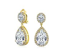 Cubic Zirconia Pave CZ Halo Statement Large Teardrop Dangle Clip On Earrings For Women Prom Gold Plated Brass