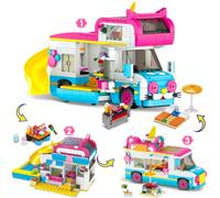CUBIMANA 3-in-1 Cat Car Building Set Age 3+, Girls Camper Van & Ice Cream Truck City Bus Building Toys with Slide and Stickers, Gifts for Kids Age 6-12 (494PCS)