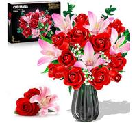 CUBIMANA Flowers Bouquet Building Set with LED Light - Valentines Red Rose with Pink Alstroemeria 22 Artificial Flower Botanical Collection, Home Plant Decor Gifts for Her Adults Women Mom Kids 12+