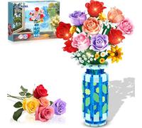 CUBIMANA Roses Flowers Building Set with Vase & LED Light, 16 Mini Flowers Bouquet Botanical Building Blocks Toy, Gifts for Adults Kids, Artificial Flowers for Home Decor & Display