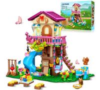 CUBIMANA Treehouse Building Toys with LED Light - 618 Piece Tree House Building Set, 3-Storey Up House with Slide & Stickers, Ages 6-12