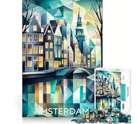 Cubist Amsterdam Skyline with Iconic Canals Jigsaw Puzzle 1000 Piece for Teenagers Pastime Game Vivid Color Home Game (38x26cm)