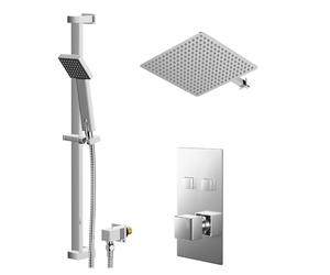 Cubix Polished Concealed Push Button Twin Shower Valve and Thin Square Fixed Head | Chrome | Stainless Steel | 400mm