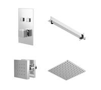 Cubix Polished Concealed Push Button Twin Thermostatic Shower Valve with Square Fixed Head and Body Jets | Chrome | Stainless Steel | 120mm x 215mm x 345mm