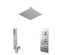 Cubix Polished Concealed Triple Thermostatic Shower Valve and Square Head with 150mm Ceiling Arm and Outlet Holder with Kit | Chrome | Stainless Steel | 400mm