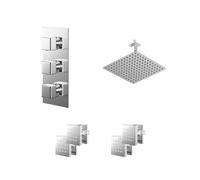 Cubix Polished Concealed Triple Thermostatic Shower Valve and Square Head with 150mm Ceiling Arm and 4 Body Jets | Chrome | Stainless Steel | 300mm