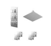 Cubix Polished Concealed Triple Thermostatic Shower Valve and Square Head with 150mm Ceiling Arm and 4 Body Jets | Chrome | Stainless Steel | 400mm