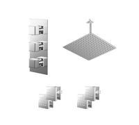 Cubix Polished Concealed Triple Thermostatic Shower Valve and Square Head with 300mm Ceiling Arm and 4 Body Jets | Chrome | Stainless Steel | 400mm