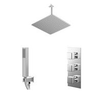 Cubix Polished Concealed Triple Thermostatic Shower Valve and Square Head with 300mm Ceiling Arm and Outlet Holder with Kit | Chrome | Stainless Steel | 400mm