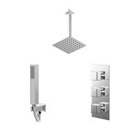 Cubix Polished Concealed Triple Thermostatic Shower Valve and Square Head with 300mm Ceiling Arm and Outlet Holder with Kit | Chrome | Stainless Steel | 200mm