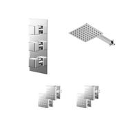 Cubix Polished Concealed Triple Thermostatic Shower Valve and Square Head with 345mm Wall Arm and 4 Body Jets | Chrome | Stainless Steel | 200mm