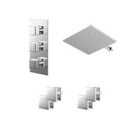 Cubix Polished Concealed Triple Thermostatic Shower Valve and Square Head with 345mm Wall Arm and 4 Body Jets | Chrome | Stainless Steel | 400mm