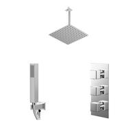Cubix Polished Concealed Triple Thermostatic Shower Valve and Square Head with Ceiling Arm and Outlet Holder with Kit | Chrome | Stainless Steel | 300mm