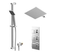 Cubix Polished Concealed Triple Thermostatic Shower Valve and Thin Square Fixed Head | Chrome | Stainless Steel | 400mm