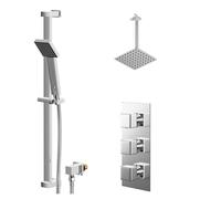 Cubix Polished Concealed Triple Thermostatic Shower Valve and Thin Square Fixed Head | Chrome | Stainless Steel | 200mm