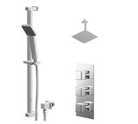Cubix Polished Concealed Triple Thermostatic Shower Valve and Thin Square Fixed Head | Chrome | Stainless Steel | 200mm