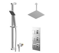 Cubix Polished Concealed Triple Thermostatic Shower Valve and Thin Square Fixed Head | Chrome | Stainless Steel | 300mm