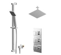 Cubix Polished Concealed Triple Thermostatic Shower Valve and Thin Square Fixed Head | Chrome | Stainless Steel | 300mm