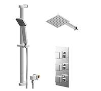 Cubix Polished Concealed Triple Thermostatic Shower Valve and Thin Square Fixed Head | Chrome | Stainless Steel | 200mm