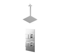 Cubix Polished Concealed Twin Thermostatic Shower Valve and Thin Square Fixed Head with 300mm Ceiling Arm | Chrome | Stainless Steel | 200mm