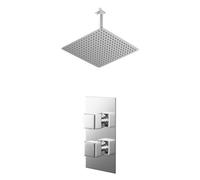 Cubix Polished Concealed Twin Thermostatic Shower Valve and Thin Square Fixed Head with 300mm Ceiling Arm | Chrome | Stainless Steel | 400mm