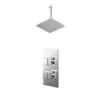 Cubix Polished Concealed Twin Thermostatic Shower Valve and Thin Square Fixed Head with Ceiling Arm | Chrome | Stainless Steel | 300mm