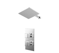 Cubix Polished Concealed Twin Thermostatic Shower Valve and Thin Square Fixed Head with Wall Arm | Chrome | Stainless Steel | 300mm