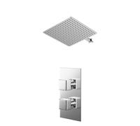 Cubix Polished Concealed Twin Thermostatic Shower Valve and Thin Square Fixed Head with Wall Arm | Chrome | Stainless Steel | 400mm