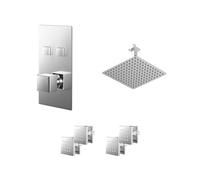 Cubix Polished Push Button Diverter Concealed Thermostatic Shower Valve and Square Head with 150mm Ceiling Arm and 4 Body Jets | Chrome | Stainless Steel | 300mm