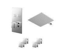 Cubix Polished Push Button Diverter Concealed Thermostatic Shower Valve and Square Head with 345mm Wall Arm and 4 Body Jets | Chrome | Stainless Steel | 400mm