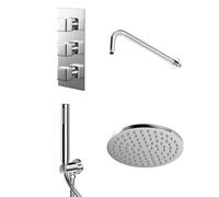 Cubix Polished Triple Thermostatic Valve Mixer Shower with Round Fixed Head and Round Handset Outlet Holder | Chrome | Stainless Steel | 120mm x 280mm x 345mm