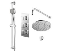 Cubix Polished Triple Thermostatic Valve Mixer Shower with Round Fixed Head and Tyne Shower Slide Rail Kit | Chrome | Stainless Steel | 120mm x 700mm x 345mm