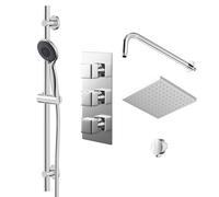 Cubix Polished Triple Thermostatic Valve Mixer Shower with Square Fixed Head and Clyde Shower Slide Rail Kit | Chrome | Stainless Steel | 120mm x 700mm x 345mm