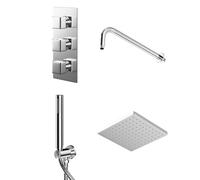 Cubix Polished Triple Thermostatic Valve Mixer Shower with Square Fixed Head and Round Handset Outlet Holder | Chrome | Stainless Steel | 120mm x 280mm x 345mm