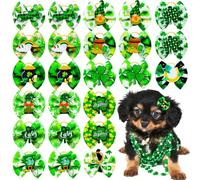 cuchenhuan 50pcs St. Patrick's Day Dog Accessories, Green Bows, Shamrocks, Leprechaun Designs with Rubber Band for Yorkshire Terrier Maltese Dog Teddy Bear Puppy Party