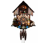 Cuckoo Clock Black Forest house with moving beer drinker and mill wheel