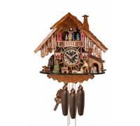 Cuckoo Clock Black Forest house with moving wood chopper and mill wheel