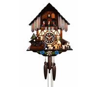 Cuckoo Clock Black Forest house with moving wood chopper and mill wheel
