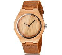 CUCOL Men's Bamboo Wooden Watch with Brown Cowhide Leather Strap Japanese Quartz Movement Casual Watches