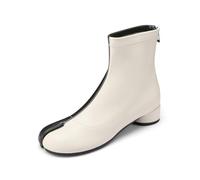 Cuctos Split Toe Ankle Boots for Women Tabi Japanese Ninja Shoes Low Chunky Heels Booties, Stretch Artificial Leather Boots Back Zipper, Black and Beige, 6 UK