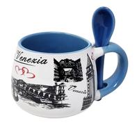 CUCUBA Ceramic Coffee Cup with Integrated Blue Spoon Artistic Design Venice with Illustrations Rialto Bridge Canal Grande San Marco 90 ml Washable