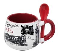 CUCUBA Ceramic Coffee Cup with Integrated Red Spoon Artistic Design Venice with Illustrations Rialto Bridge Canal Grande San Marco 90 ml Washable