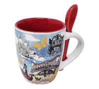 CUCUBA Ceramic Coffee Cup with Integrated Red Spoon Artistic Design Venice with Rialto Bridge Illustrations and Most Important Monuments 90 ml Washable