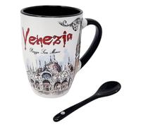 CUCUBA Ceramic Mug with Integrated Black Spoon Artistic Design Venice with Illustrations Monuments Rialto Bridge San Marco Canal Large 36cl Washable