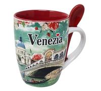CUCUBA Ceramic Mug with Integrated Red Spoon Artistic Design Venice with Rialto Bridge and City Background 36cl Washable
