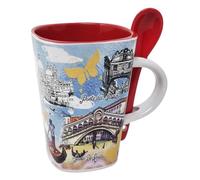 CUCUBA Ceramic Mug with Integrated Red Spoon Artistic Design Venice with Rialto Bridge Illustrations and Most Important Monuments 36cl Washable