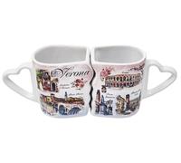 CUCUBA Set of 2 Incastrabile Coffee Cups in Ceramic Artistic Design Verona with Illustrations Main Monuments Romeo and Juliet Bridge Piazza 120 ml Washable
