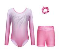 Cucudy Gymnastics Leotards Girls Dancing Set - with Shorts and Headband Sparkling Gradient Color Ballet Gymnastics Outfit for 5-12 Years Girls Unitards Gift (PINK LONG SLEEVE, TAG 8A(7-8 YEARS))