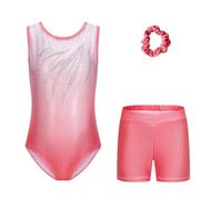 Cucudy Gymnastics Leotards Girls Dancing Set - with Shorts and Headband Sparkling Gradient Color Ballet Gymnastics Outfit for 5-12 Years Girls Unitards Gift (LIGHT RED SLEEVELESS, TAG 8A(7-8 YEARS))